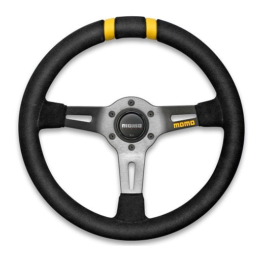 Momo Drifting Deep Dish Steering Wheel 330mm Black Leather - Black Spokes - Yellow Stitching