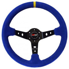 Motamec Rally Deep Dish Steering Wheel 350mm Blue Suede - Black Spokes - Black Stitching