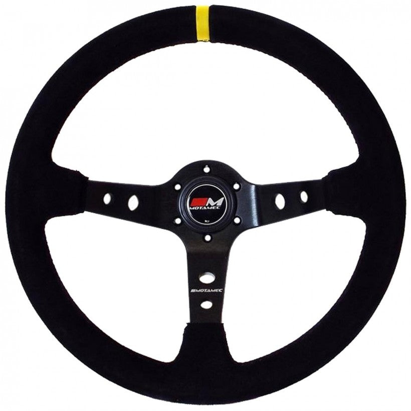 Motamec Rally Deep Dish Steering Wheel 350mm Black Suede - Black Spokes - Black Stitching