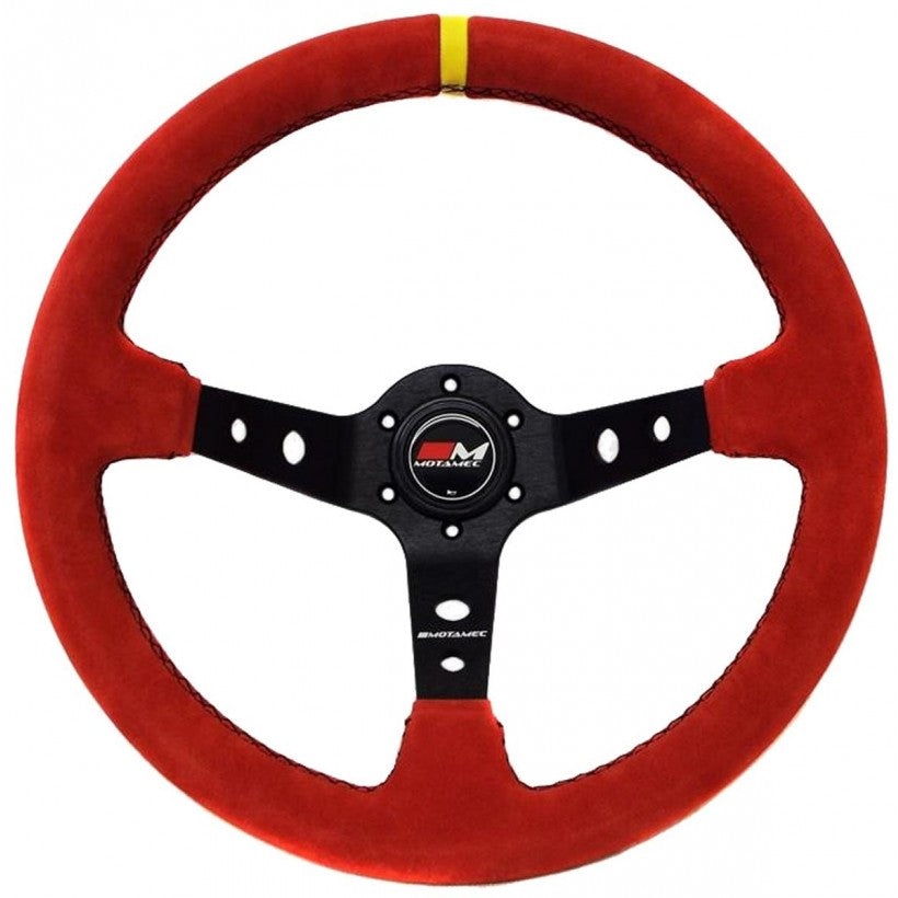 Motamec Rally Deep Dish Steering Wheel 350mm Red Suede - Black Spokes - Black Stitching