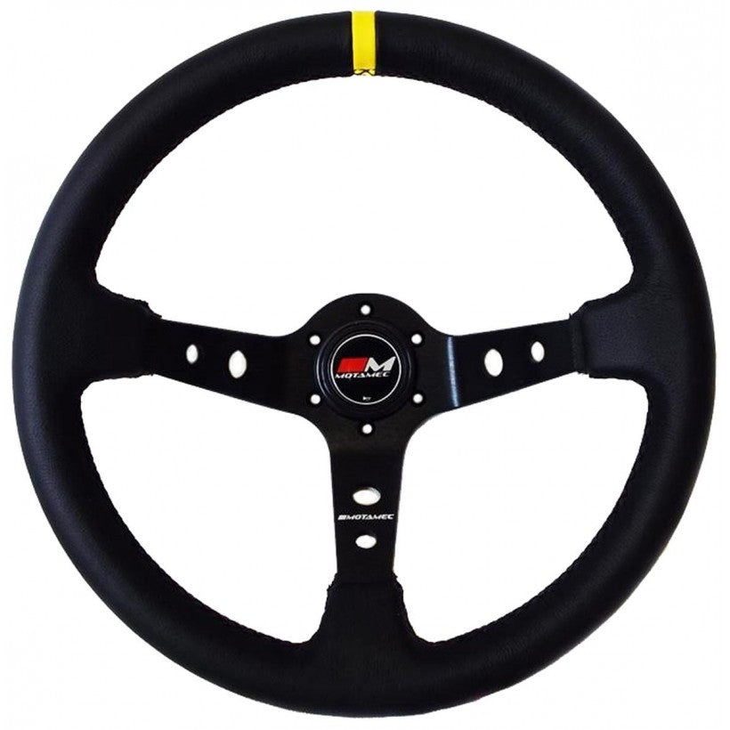Motamec Rally Deep Dish Steering Wheel 350mm Black Leather - Black Spokes - Black Stitching