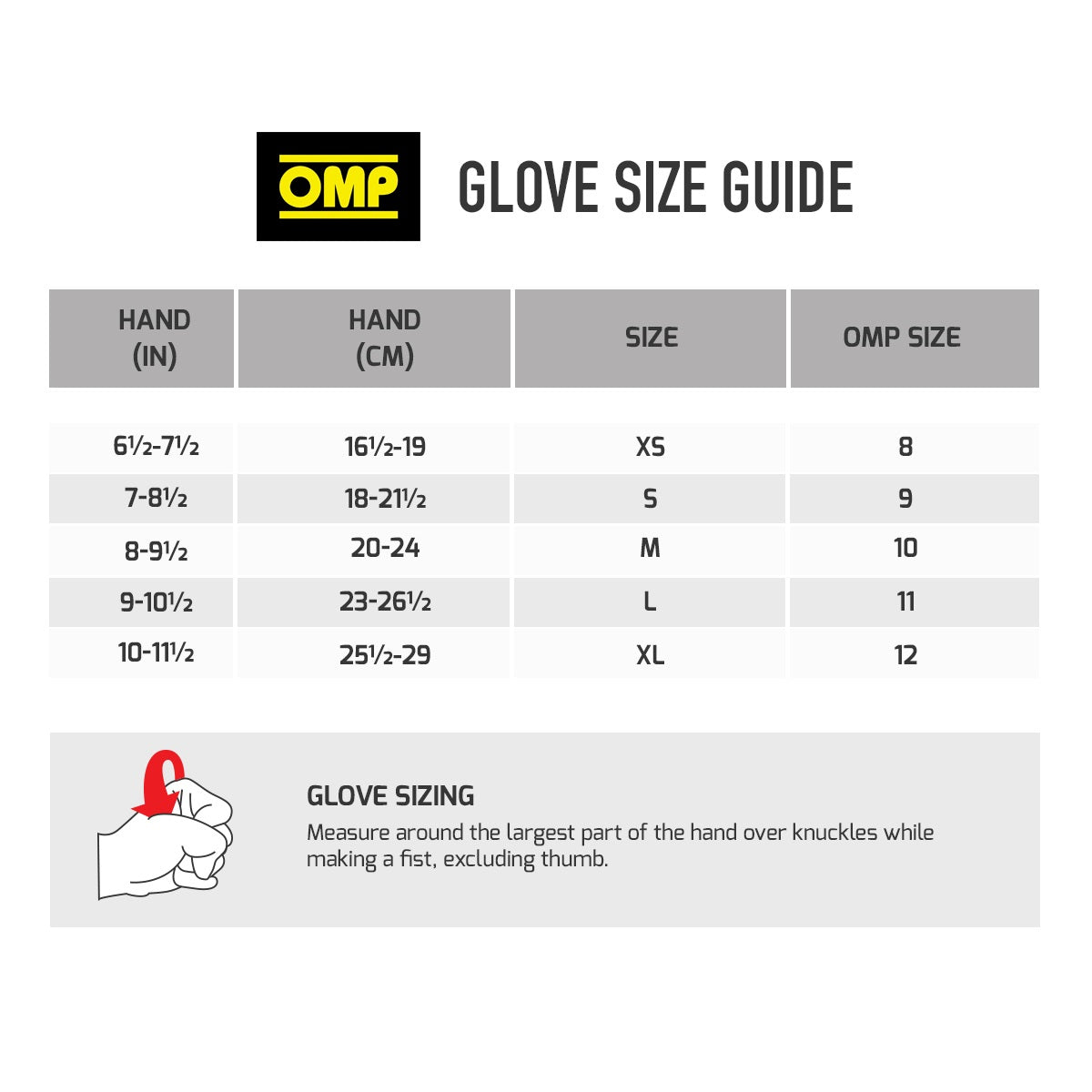 OMP Racing Gloves Size Guide