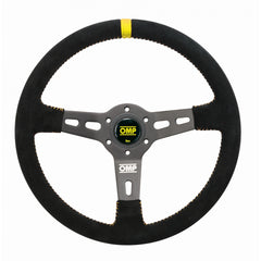 OMP RS Deep Dish Steering Wheel 350mm Black Suede - Black Spokes - Yellow Stitching