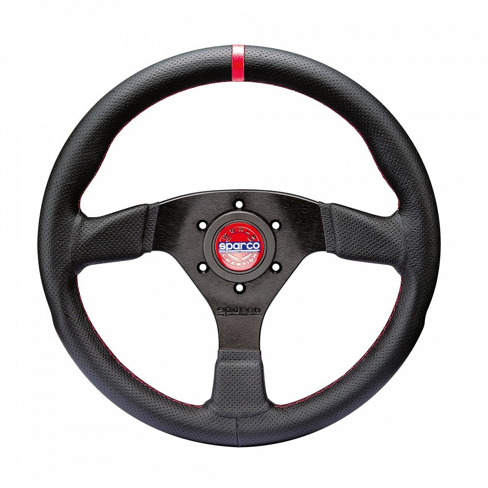 Sparco R383 Champion Flat Steering Wheel 330mm - Black Leather - Black Spokes - Red Stitching